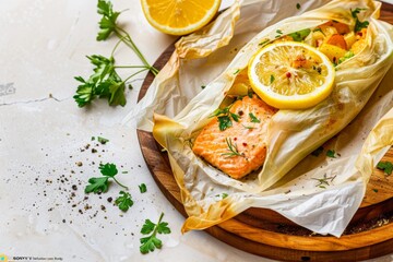 Sticker - Gourmet Salmon Fillet in Parchment: Infused with Lemon and Fresh Herbs