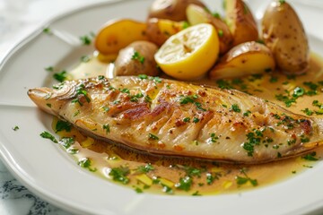 Wall Mural - Elegant Sole Fish Meunière with Brown Butter and Lemon Sauce