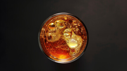 Wall Mural - Cuba libre cocktail glass with ice on dark background. Top view with copy space. Overhead view capturing the effervescent bubbles in a soda glass against a dark background.