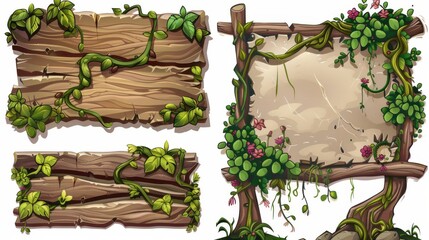 Wall Mural - Design set of cartoon game UI frames and border plates with lush liana vines and creepy branches, wood signboard with leaves and flowers, and spooky mossy stone banner.