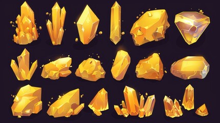 Poster - gold nugget for mine and treasure in game ui design. cartoon modern illustration set of yellow gloss