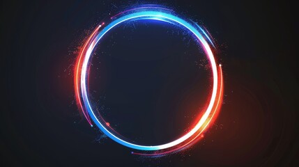 Neon glow circle frame with glitch effects on black background. Realistic modern illustration set of ring border with tv light bug. Round luminous shape with video lag and noise texture.