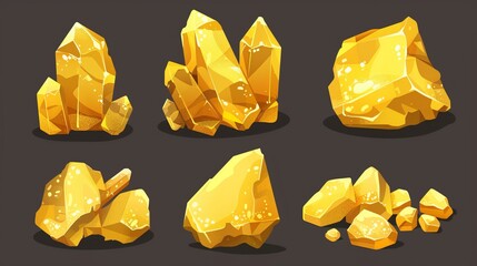 Wall Mural - Nuggets of gold for game UIs. Cartoon illustration of yellow glossy stones. Gui assets of raw golden crystals. Expensive raw materials gems.