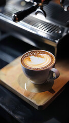 tasse de café venant juste d'être servi avec un motif de fleur en latte art