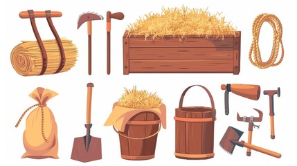 Animal stables and farm barns: hay in stacks and wooden boxes, rope and sacks, shovel and pitchfork, and barns and buckets. Cartoon modern illustration set.