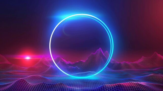 Cyberpunk background with neon circle on wireframe landscape. Modern illustration of a y2k style banner and retro wave mountain grid in black and blue.