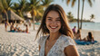 Girl smiling on a sunny beach close-up