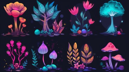 Wall Mural - This is a modern illustration of a fairyland style of magic flowers and trees that you can use for the creation of your own fictional extraterrestrial forest. This is a fantasy plant design for game