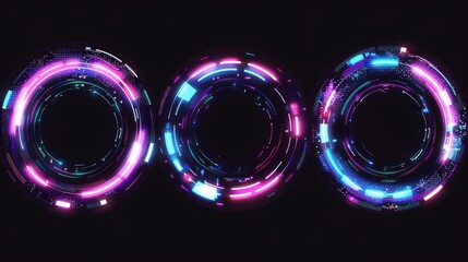 Poster - A neon circle frame with a glitch effect. Realistic modern illustration of retro futuristic ring design borders with TV color bugs and digital distortions. An abstract geometric holographic border