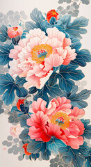 Wall Mural - National trend peony flower, Chinese style meticulous peony flower illustration