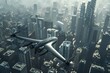 Unmanned Military Drone in the modern city megapolis sky through clouds, buildings and skyscrapers. Combat Air Vehicle as modern weapons for war presentation.