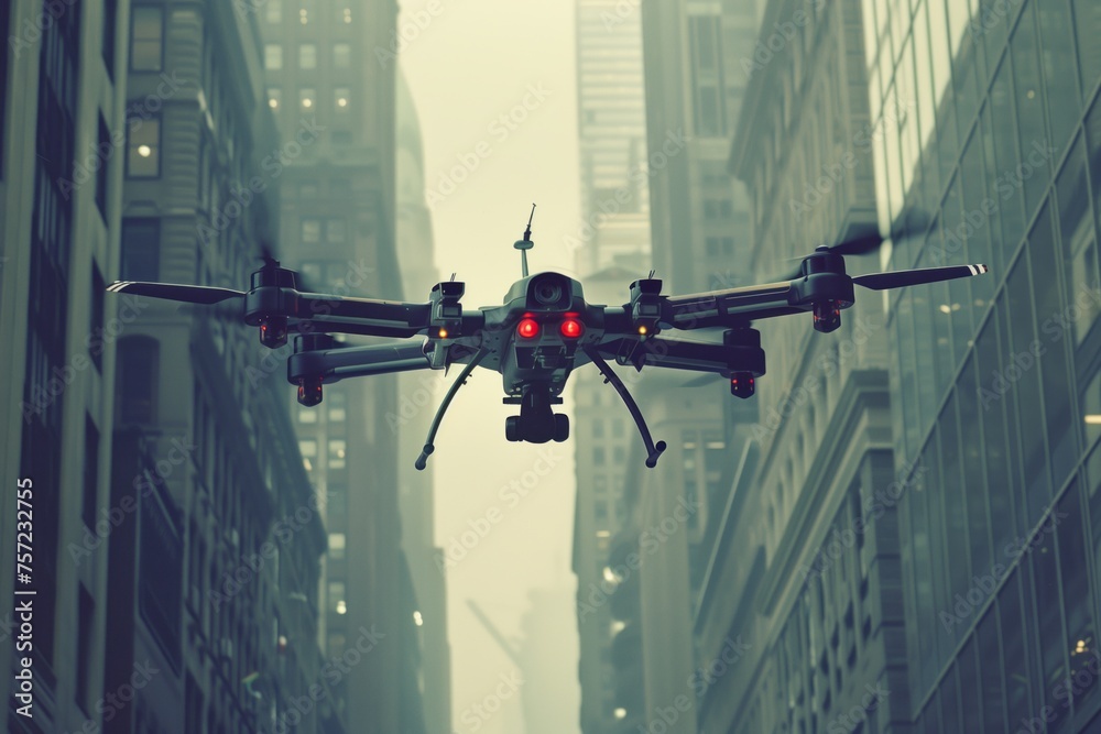 Unmanned Military Drone in the modern city megapolis sky through clouds ...