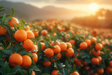 ripe orange tangerines growing on tree branches in garden