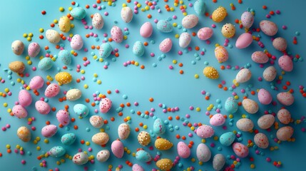 Easter, candy and confectionery on isolated on blue background. Happy Easter. Candy, chocolate, sweets.