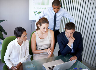 Aufkleber - Business people, laptop and thinking on plan for project, office and collaboration on idea. Colleagues, teamwork and internet for online research, web and problem solving in workplace with support
