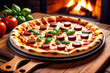 .Juicy pizza with sausage on a platter on a wooden surface.