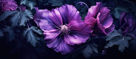 Canvas Print - A closeup of a vibrant purple flower with delicate petals and green leaves set against a dark background, showcasing the beauty of a flowering plant in shades of violet and magenta