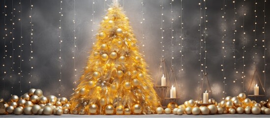 Sticker - A Christmas tree adorned with golden balls and candles is a festive holiday decoration in the city, shining brightly at midnight