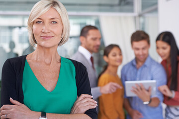 Aufkleber - Senior woman, portrait and manager with creative team on technology for networking or research at office. Face of mature female person or CEO in confidence for leadership, group management or startup
