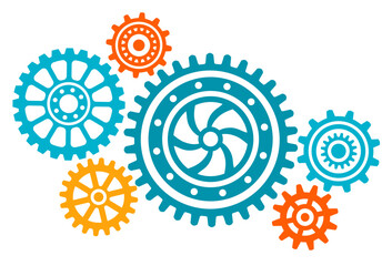 Wall Mural - Colorful connected gears. Abstract gear wheel mechanism background. Machine technology. 