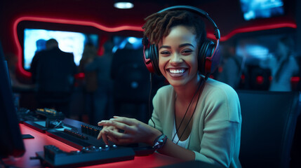 Poster - A Happy Emotional Woman, a Gamer streamer with headphones, playing video games, Leading an Online Broadcast, looks at the camera in the game room. Cyber Sports, Team Games, Esports, Hobby concepts.