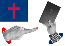 Composite Collage: Against The Background Of The Flag Of Christianity, A Male Hand Holds The Gospel, And Next To It, A Female Hand Points To This Book With A Finger.