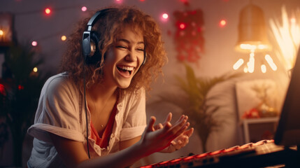 Poster - An excited, emotional young female streamer plays an online video game, broadcasts the gameplay to Subscribers on the Internet from her home. Cyber Sports, Esports, Hobbies and Entertainment concepts.