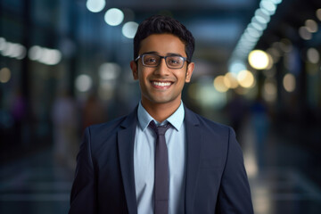 Confident Indian businessman looking at camera standing in modern office . Handsome classy corporation owner. Business portrait