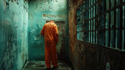 Wall Mural - man in orange suit inside prison sitting repentant with rays of sun coming through the grate in high resolution and high quality. prisoner concept