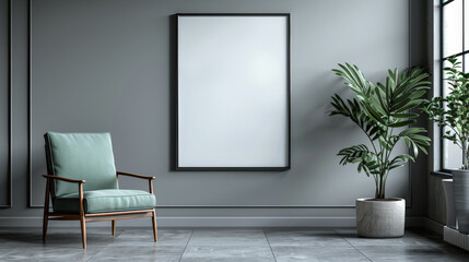Wall Mural - empty room  with white blank frame is hanging on green wall with white floors and green armchair, minimalist interior