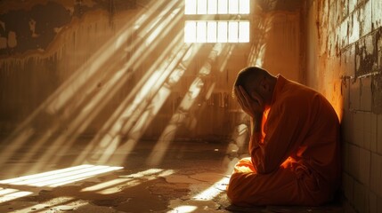 Sticker - man in orange suit inside prison sitting repentant with rays of sun coming through the grate in high resolution and high quality. concept prisoner, prison, sorry, cry