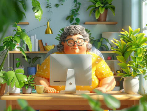 chubby girl sits at the computer and masters new technologies illustration