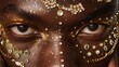 editorial photo close up of a man's face, bejeweled with diamonds, gold jewels and gold chains, gold gems and diamonds around his eyes, AI Generative