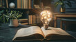 An open book with a light bulb resting on its pages, symbolizing knowledge, creativity, and inspiration