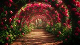 Fototapeta  - Enchanted fairytale garden, secret pathways under flower arches, vibrant greenery, a digital backdrop of magical beauty, AI Generative