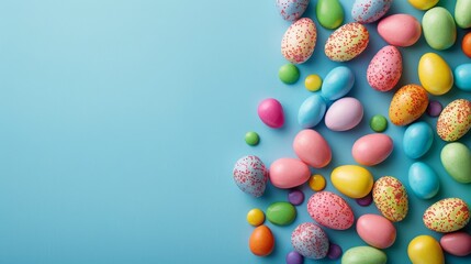 Easter, candy and confectionery on isolated on blue background. Happy Easter. Candy, chocolate, sweets.