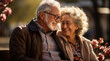 © D-point - Joyful Senior Caucasian Couple Sharing a Loving Moment on a Bench Surrounded by Spring Blossoms