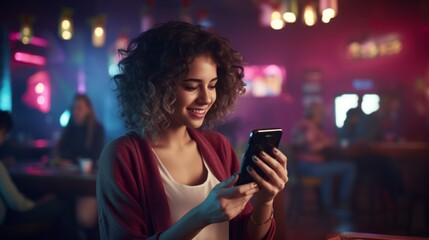 Poster - A young beautiful female streamer, Gamer is playing a video game with a smartphone in a game room. Cyber Sports, Esports, Hobbies and Entertainment concepts.