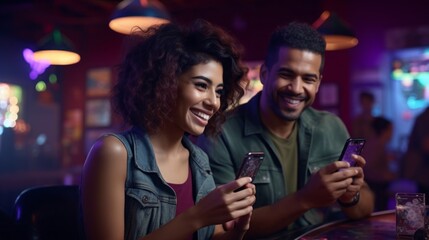 Poster - A young beautiful female streamer, Gamer is playing a video game with a smartphone in a game room. Cyber Sports, Esports, Hobbies and Entertainment concepts.