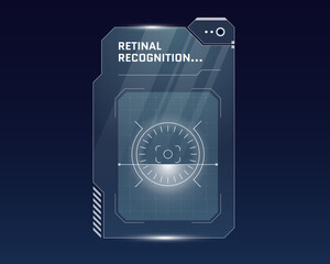 Poster - HUD retinal recognition biometric ID scan dashboard concept. User eye verification scanner. Person identity security digital panel. Human retina identification. Authorization interface eps design