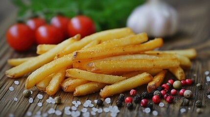 Wall Mural - french fries close up wooden background