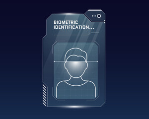 Poster - HUD person biometric scan and identification system concept. User recognition verification scanner and human identity digital security panel. ID authorization dashboard interface GUI FUI eps design