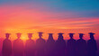 Silhouettes of students with graduate caps in a row on panoramic sunset background, ai generated