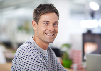 Poster - Portrait, happy and business man in office, startup or company for creative job in workplace. Face, person or smile of professional entrepreneur, employee or designer working on career in Australia
