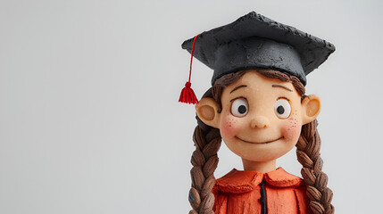 Wall Mural - white background a cute girl made out of salt dough wearing Graduation Cap, Copy Space, ai generated