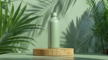 Product Mockup Showcasing A Sustainable Water Bottle On A Bamboo Pedestal With A Green Backdrop And Natural Textures
