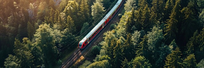 Wall Mural - Panoramic banner of train in mountain valley with green forest