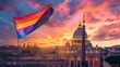 gay flag flying next to St. Peter's Basilica on a beautiful sunset