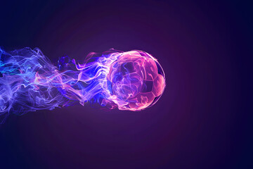 illustration of a soccer ball in colored smoke on a dark purple background, background image in neon colors with space for text with a soccer ball and smoke