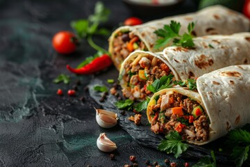 Wall Mural - Burritos with meat, vegetables and garlic  on dark background. Mexican traditional cuisine. 